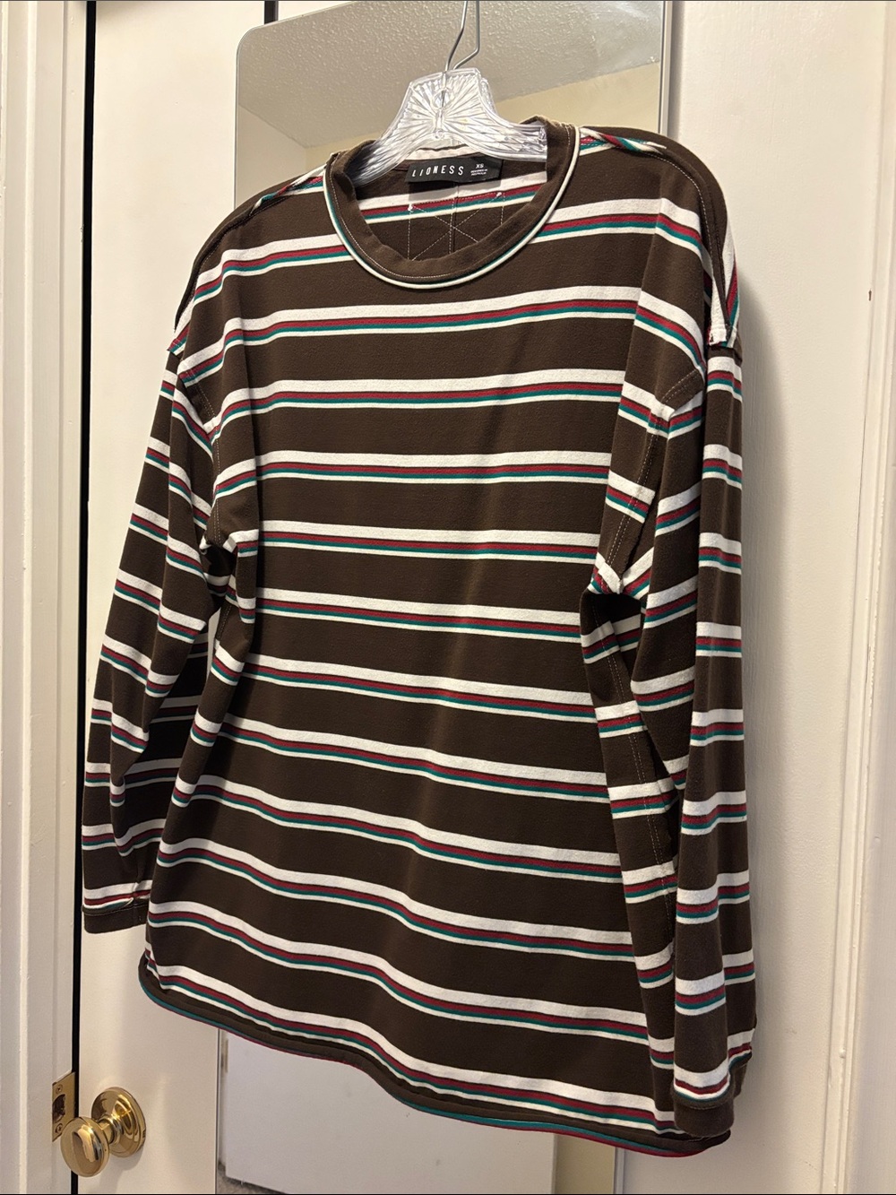 Lioness Brown Striped Long Sleeve Top with Teal & White Accents